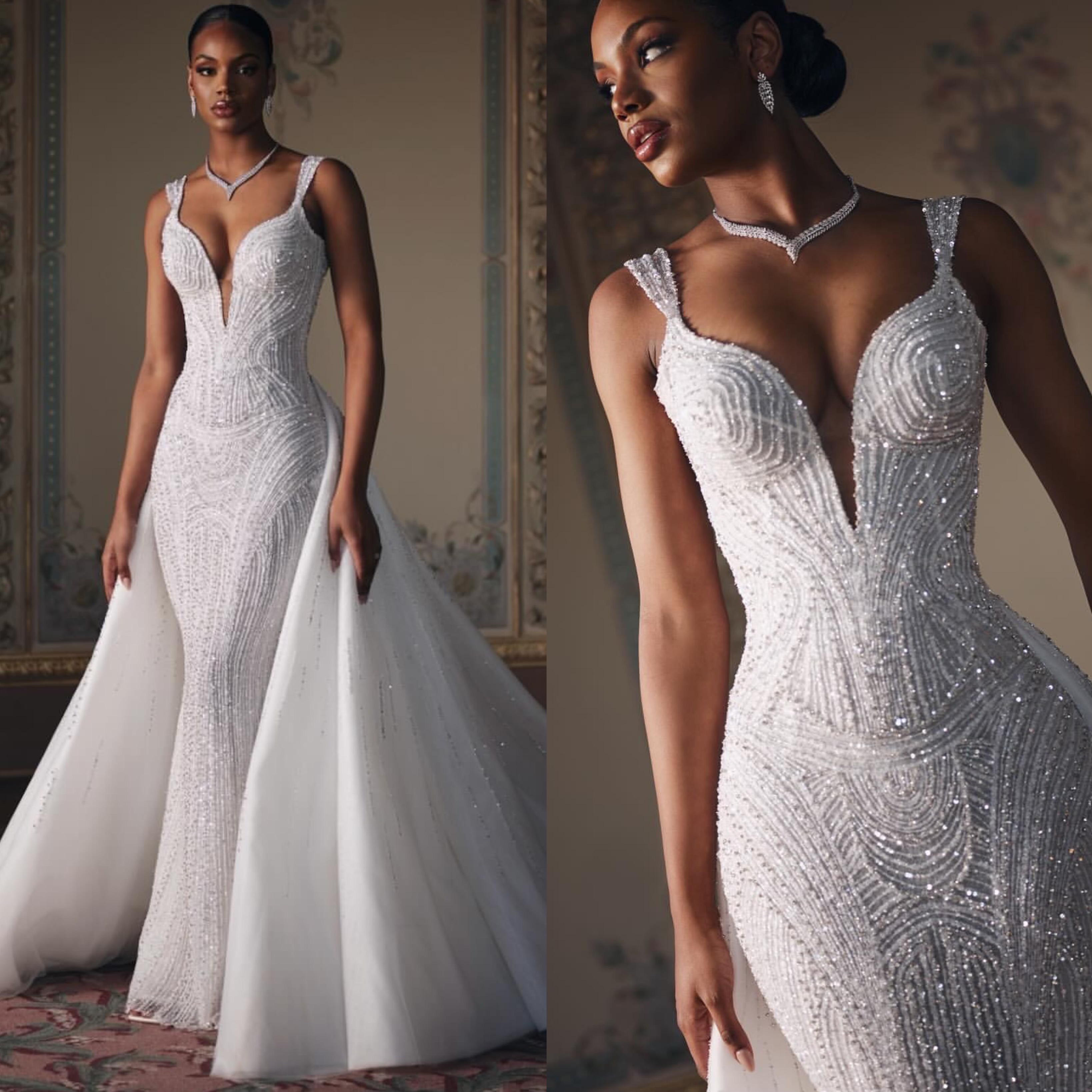 Vintage crystal Mermaid Wedding Dress overskirts straps beaded wedding dresses Bridal Gowns bride dress