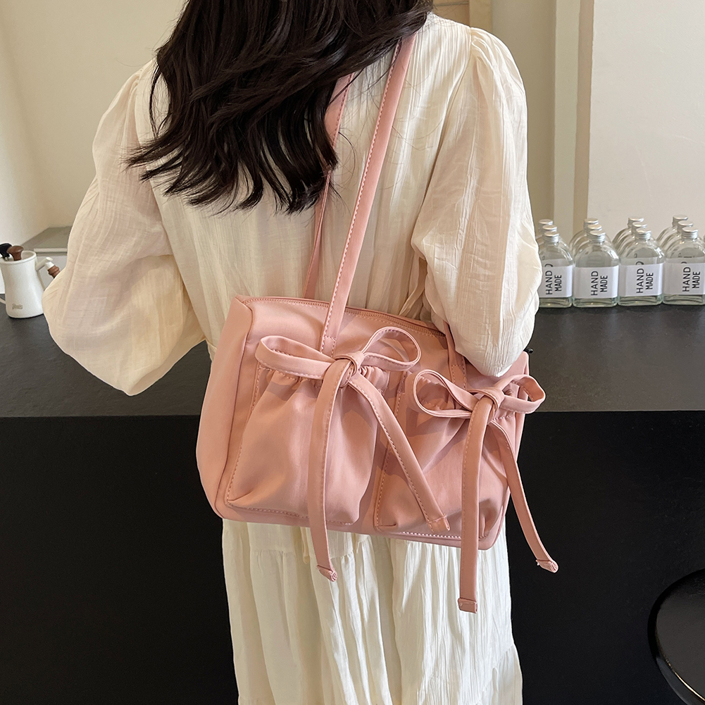 Cute Bow Commuter Bag Casual Nylon Fashion Shoulder Purse Large Capacity Daily Bag Solid Color for Women Daily Use and Commuting