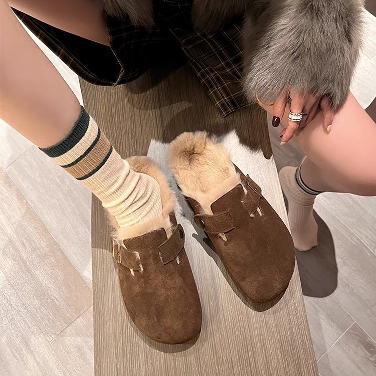 Winter Warm Women Suede Clogs Genuine Leather Mules Cork Footbed Slippers Potato Shoes with Arch Support with Thick Plush