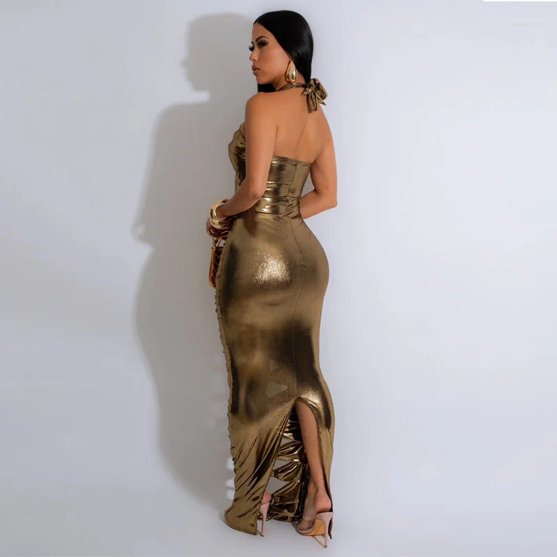 Casual Dresses Metallic Party Night Long Dress Women Y2K Clubwear Halter Backless Hollow Out Sheath Metal Ring Bandage Bodycon Maxi