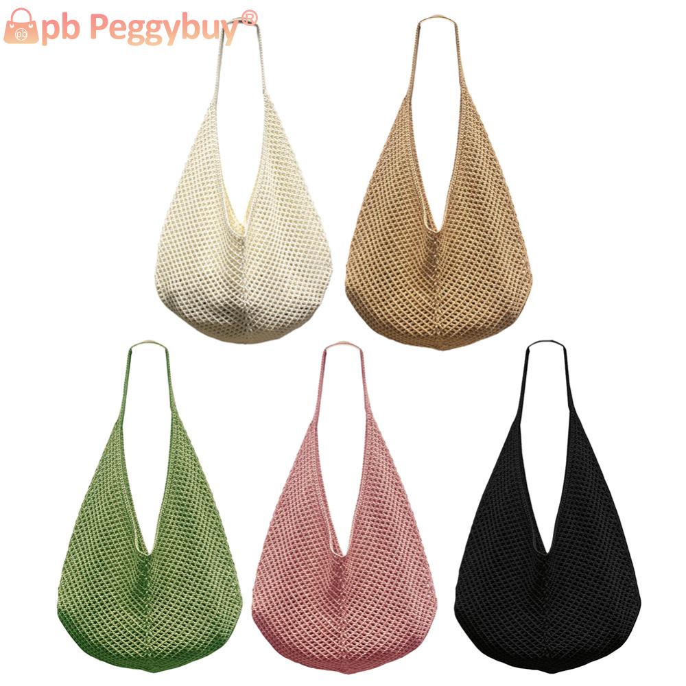 Women Crochet Shoulder Bag Mesh Summer Beach Bag Solid Hobo Bag Large Capacity for Vacation Travel Shopping