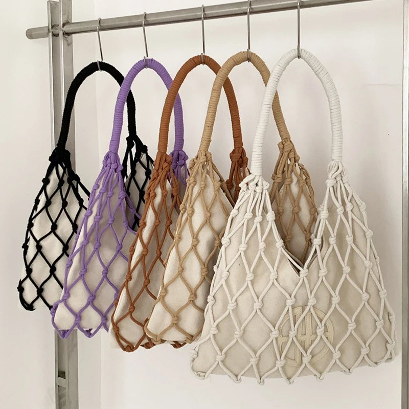 Hollow ultra-thin beach bag for womens er handbag wallet nylon rope woven canvas inner pocket shoulder 241107