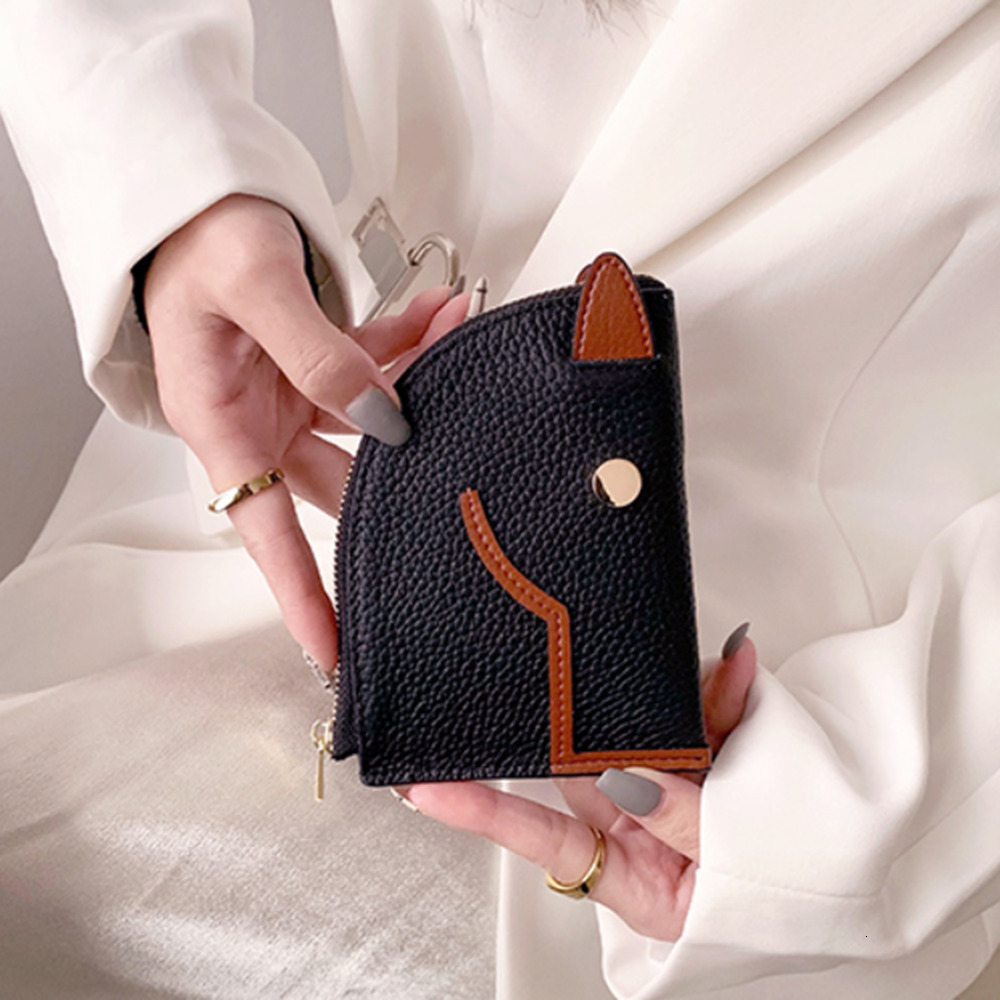 Cowhide Zip Coin Purse Fashion Classic Genuine Leather Horse Head Women Wallet Design Fancy Lady Cash Card Holder Pocket