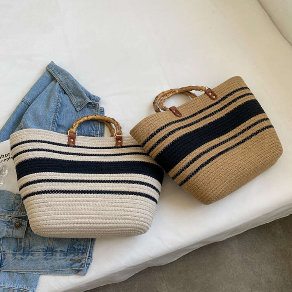 Shopping Tote Bamboo Handle Women Weaving Bag Large Capacity Striped Portable Casual Fashion Exquisite for Seaside Party