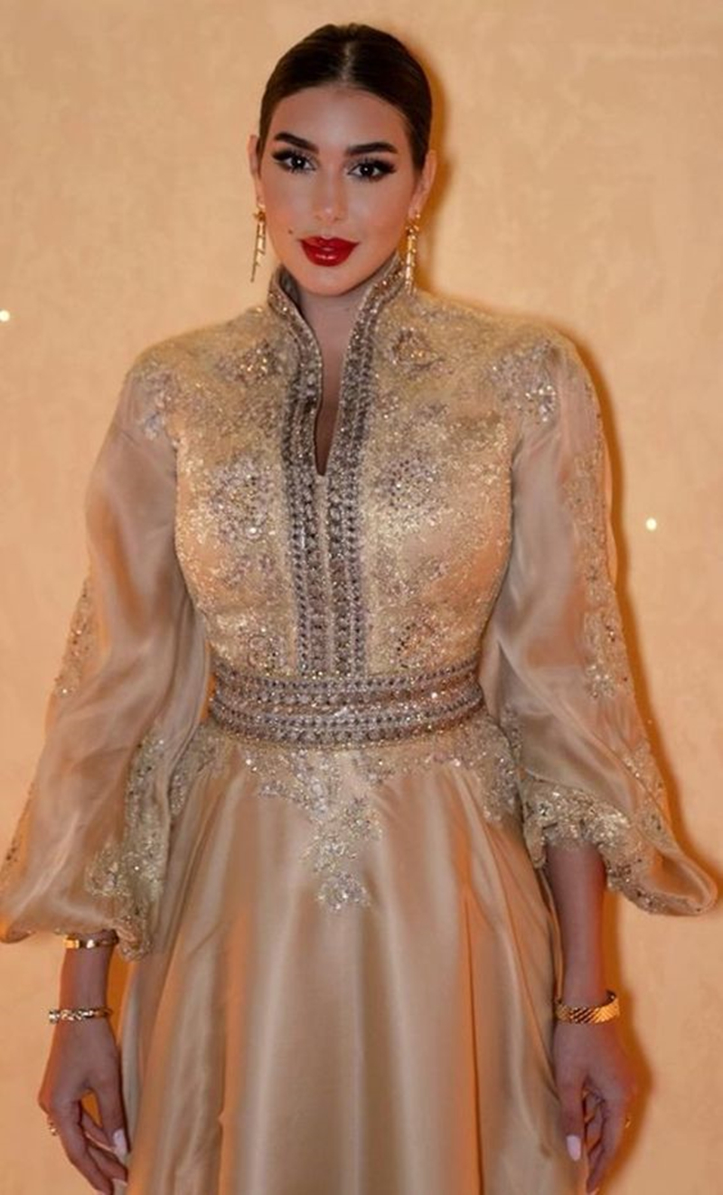 Elegant Morocan Kaftan Champagne Prom Dresses Long Sleeves Western Special Occasion Dress For Women 1980S Plus Size Evening Formal Dress Floor Length