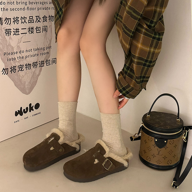 Winter Warm Women Suede Clogs Genuine Leather Mules Cork Footbed Slippers Potato Shoes with Arch Support with Thick Plush
