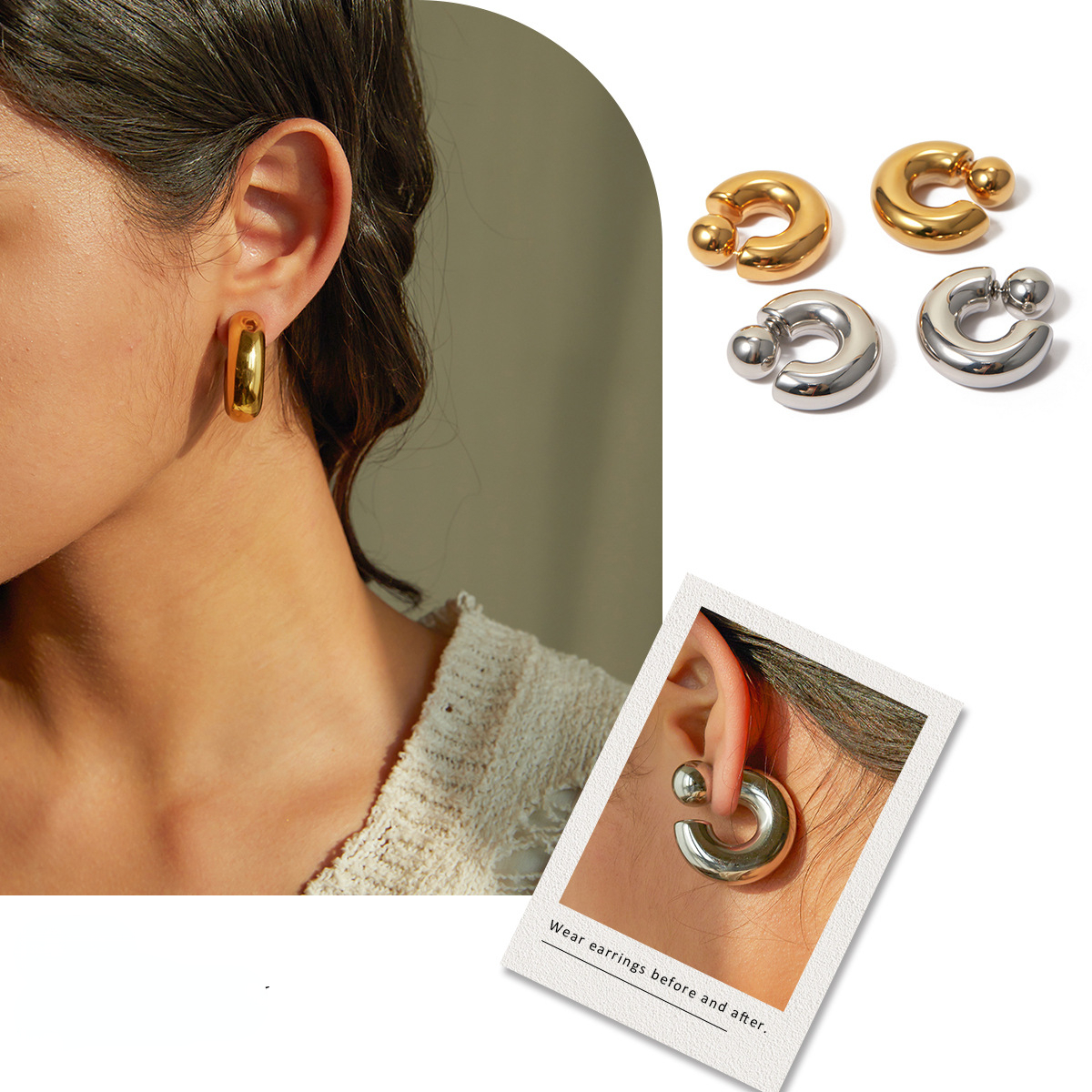 18k Gold-plated Fashionable Earrings for Women Exaggerated Female Personality Round Stainless Steel Earrings Factory Wholesale