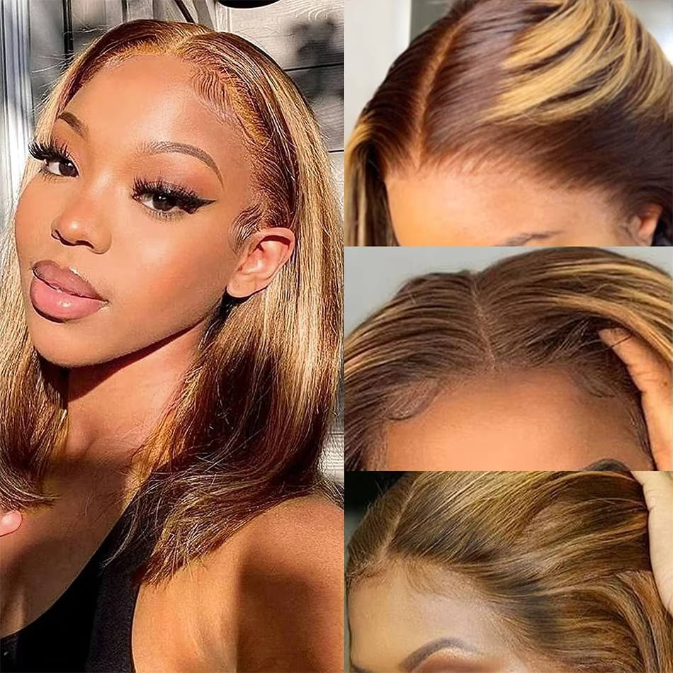 100%Human Hair Wigs Pixie Cut 13x4 Lace Front for Women Ombre Blonde 13*4Lace Frontal Wig with babyhair Transparent HD Lace Glueless Synthetic Wig Pre