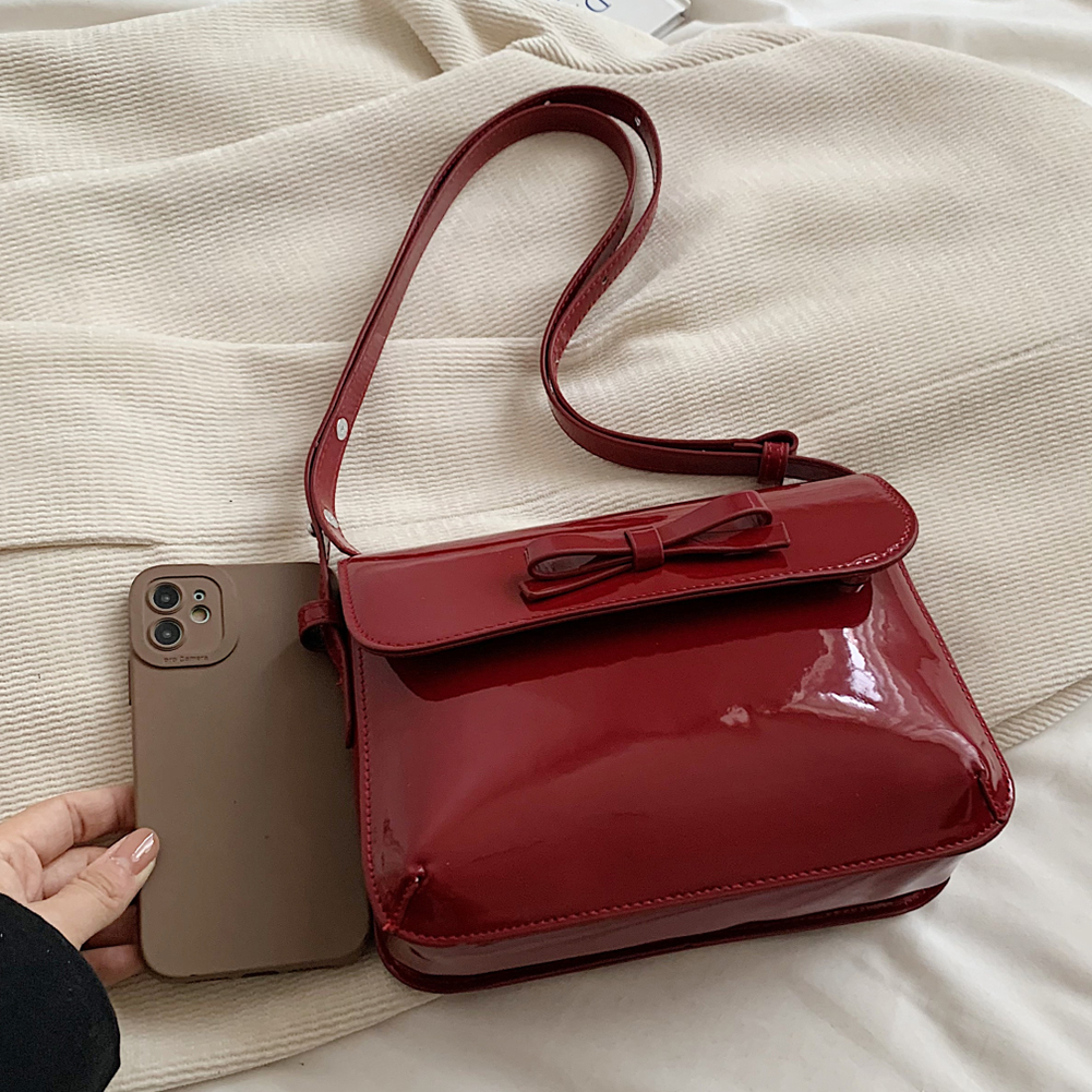 Patent Leather Women Handbag Bowknot Satchel Purse Adjustable Strap Square Flap Bag Retro Underarm Bag Travel Bag