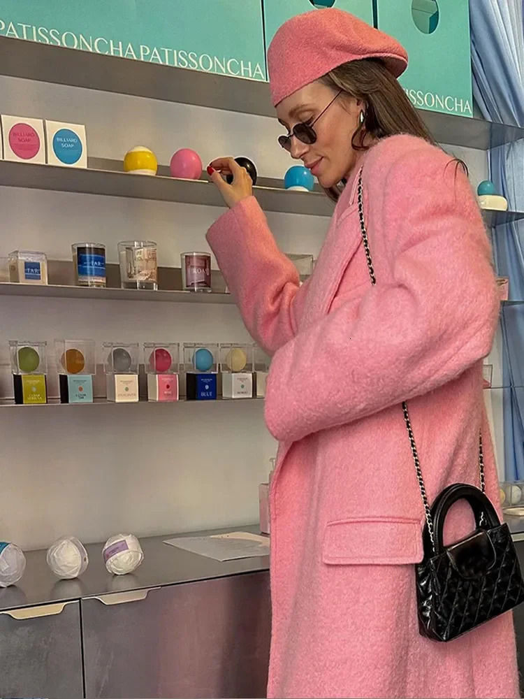 Women Elegant Pink Lapel Woolen Coat Fashion Long Sleeve With Pocket Warm Overcoat 2024 Autumn Winter Lady Casual Outerwear 241107