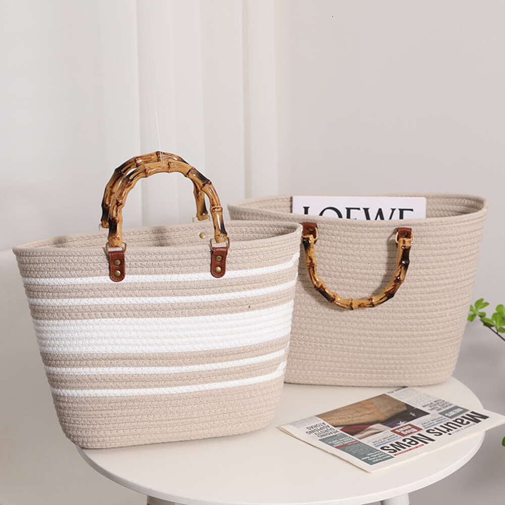 Shopping Tote Bamboo Handle Women Weaving Bag Large Capacity Striped Portable Casual Fashion Exquisite for Seaside Party