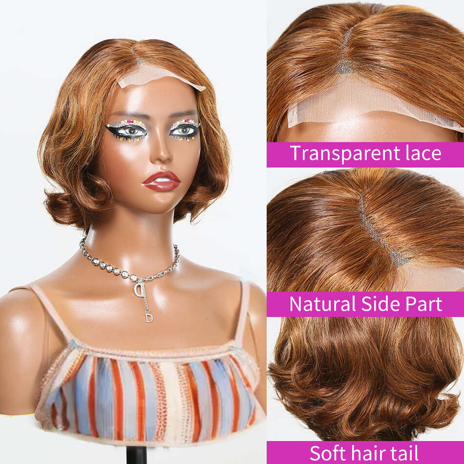 4/27 Highlight 4X4 Body Glueless Closure 100%Human Hair Frontal Wigs Ombre Brown Mix Blonde Water Wave C Part Short Bob Wig