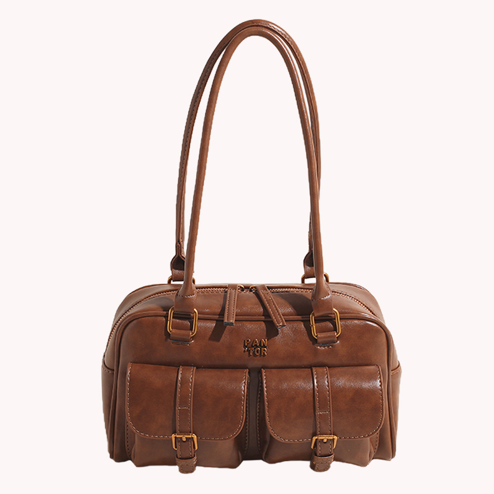 Boston Tote Bag for Women with Multi-Pockets Handbag PU Leather Vintage Solid Clutch Purse for Travel Work
