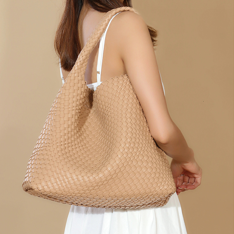 Fashion Woven Bags For Women Shoulder Bag Vegan Leather Handbags Large Work Travel Beach Tote Purse