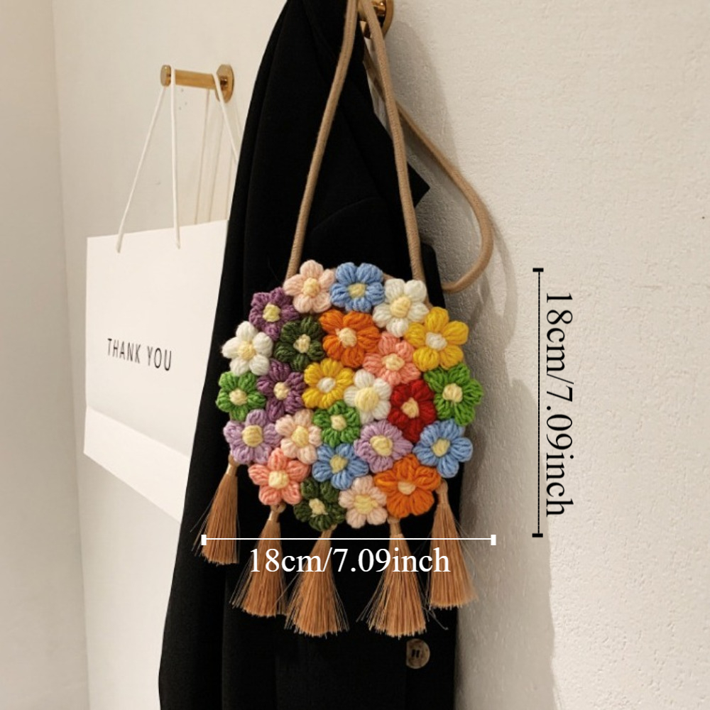 Floral Crochet Shoulder Bag Rural Style with Tassel Bohemian Rattan Beach Bag Cotton and Linen Knitted