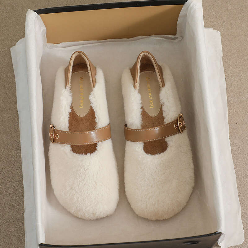 White Lambwool Flat shoes woman leather patchwork ankle belt masy janes winter fur flats round toe furry moccasins