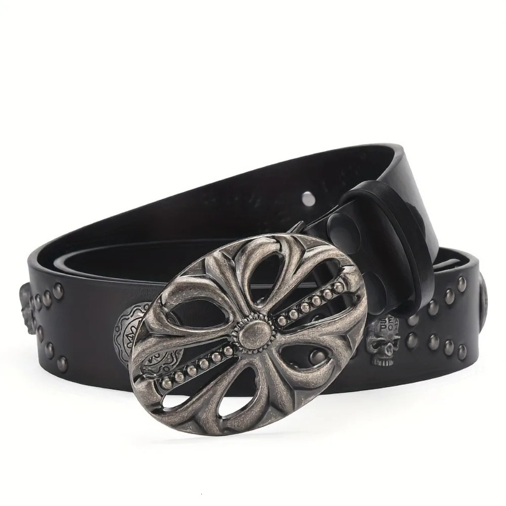 Vintage Skeleton Head Bohemian Style Belt Hip Hop Punk Leather Belt Riveted Pants Bands Y2K Style 241107