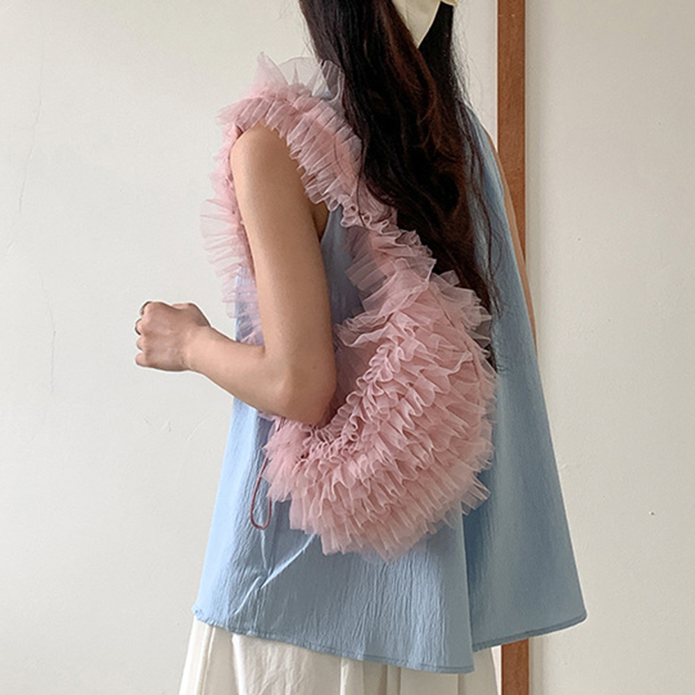 Women Sweet Y2k Lace Pleated Handbag Solid Color Chic Yarn Shoulder Bag Large Capacity Fashion Underarm Bag for Party Wedding