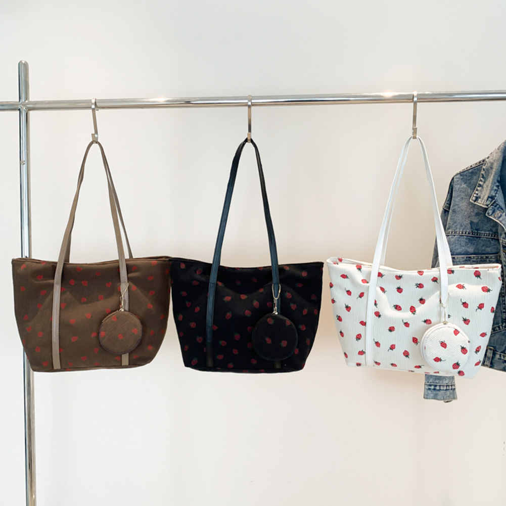 Women Corduroy Shoulder Bag Strawberry Pattern Tote Bag with Round Pouch Chic Hobo Bag Casual Tote Purse Fashion Shopper Bag