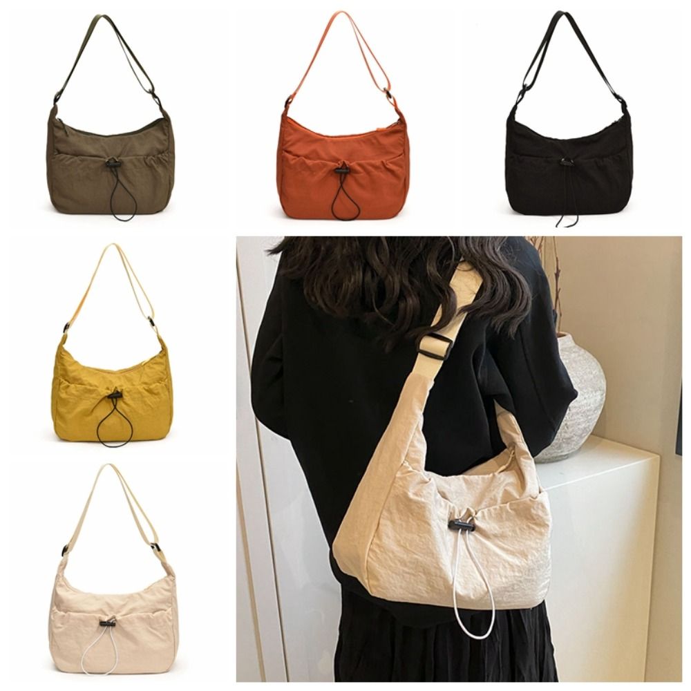 Solid Color Nylon Shoulder Bag Adjustable Shoulder Straps Nylon Drawstring Bucket Bag Tote Bag Korean Style Canvas Crossbody Bag