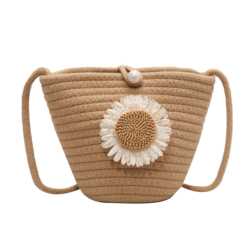 Women Bucket Bag Flower Straw Summer Beach Bag Casual Small Crossbody Bag Knitted for Travel Vacation