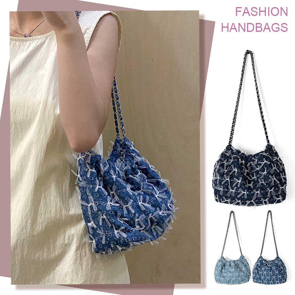 Women Denim Bucket Bag Pleated Crossbody Bag with Chain Shoulder Bag Hobo Bag for Work Travel