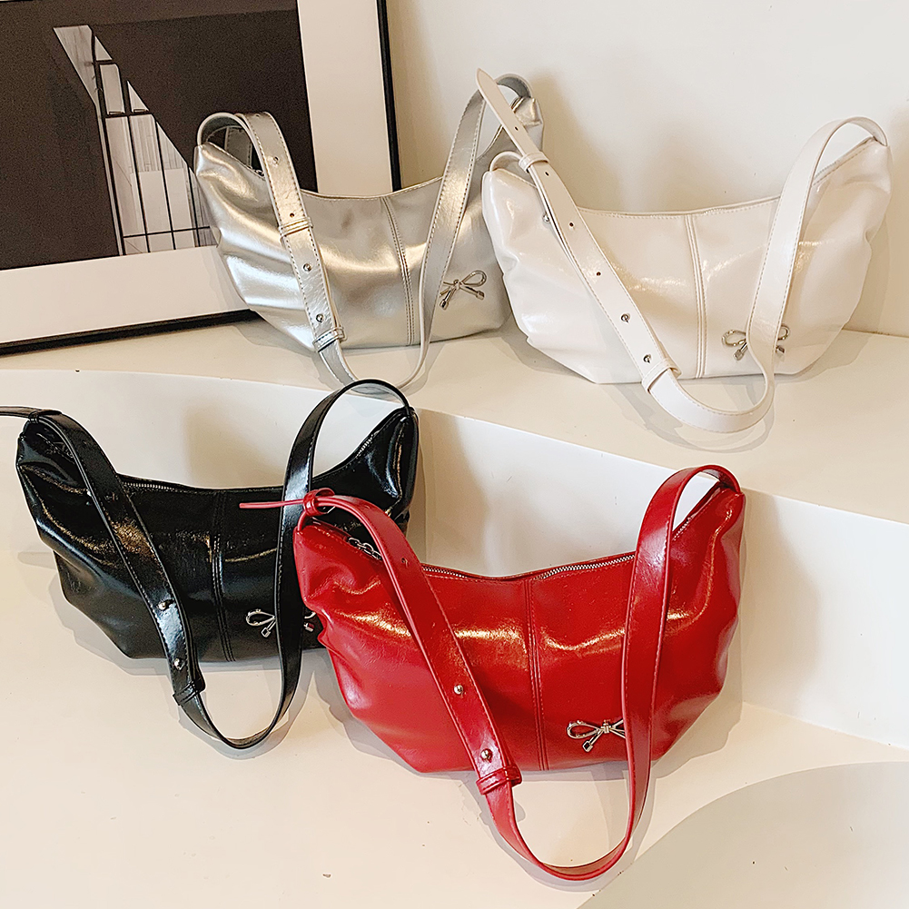 Women Shoulder Bag Metal Bow PU Leather Crescent Bag Adjustable Strap Handbag Solid Color Hobo Bag for Travel Commuting
