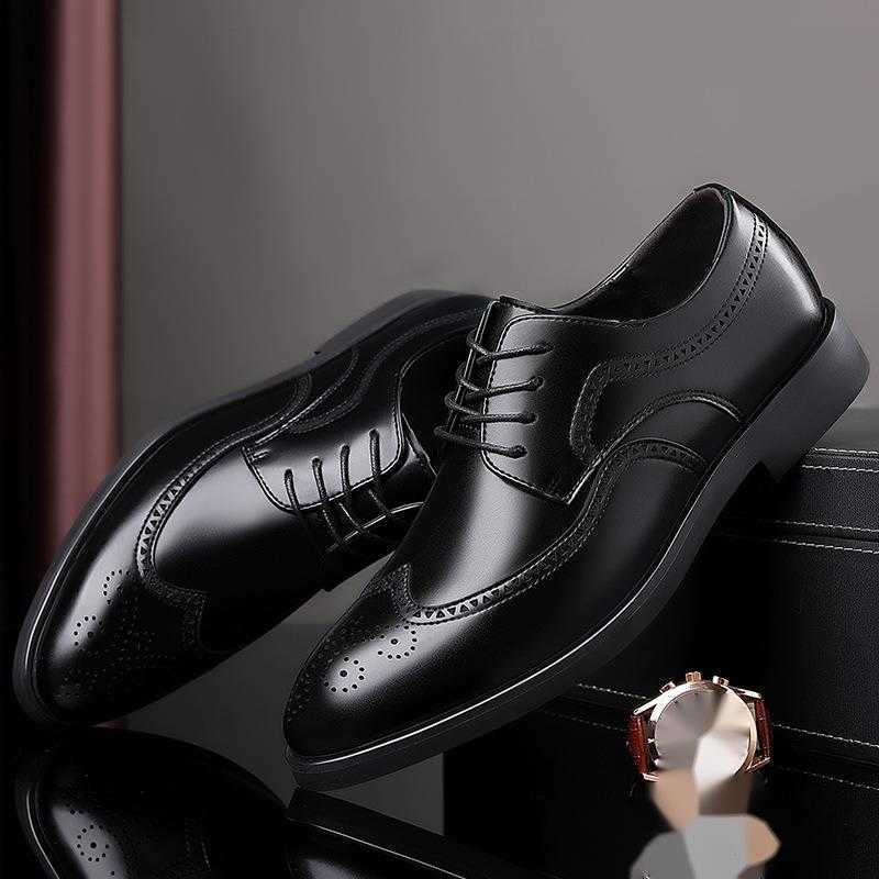 New Mens Business Dress Leather Shoes Fashion British Block Large Mens Shoes Lace Up Derby Shoes