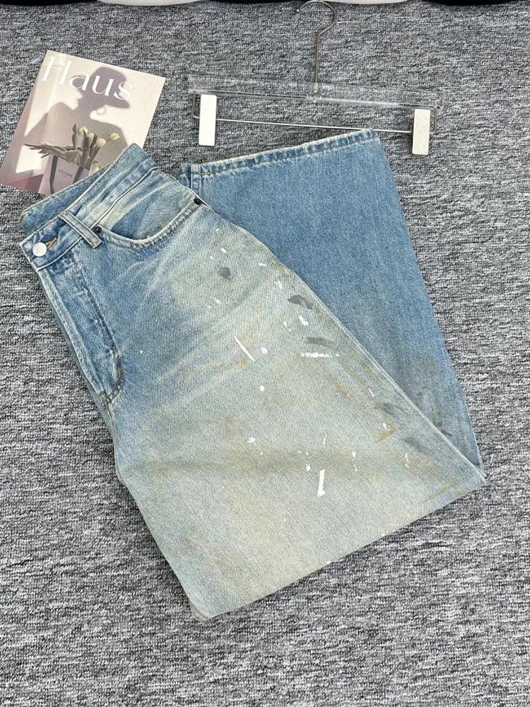 Women's Jeans Unisex Splash Ink Printed Graffiti Spring Summer 2024 Women And Men Distress Straight Loose Denim Wide Leg Long Pants