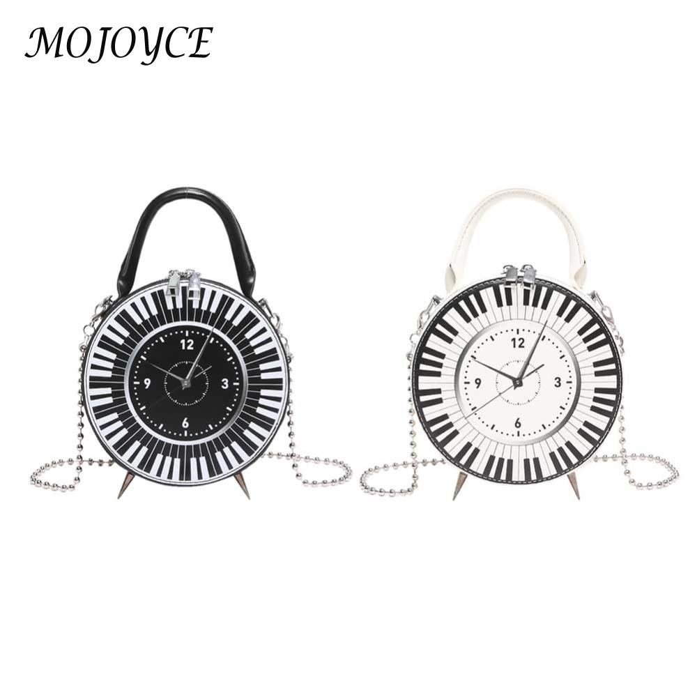 Women PU Creative Round Clock Bag Chain Strap Retro Clock Dial Handbag Black White Piano Clock Shoulder Purse Top Handle Bag
