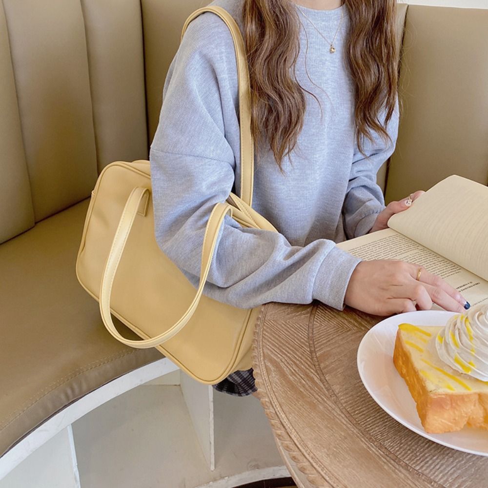 PU Leather PU Shoulder Bag Korean Style Large Capacity Underarm Bag Fashion Design Preppy Style Solid Color Handbag Outdoor