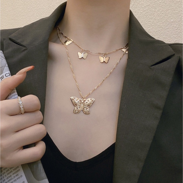 Coldness Wind Internet Celebrity Instagram New Necklace Bohemian Fashion Sexy Size Butterfly Pendant Double-layer Necklace for Women