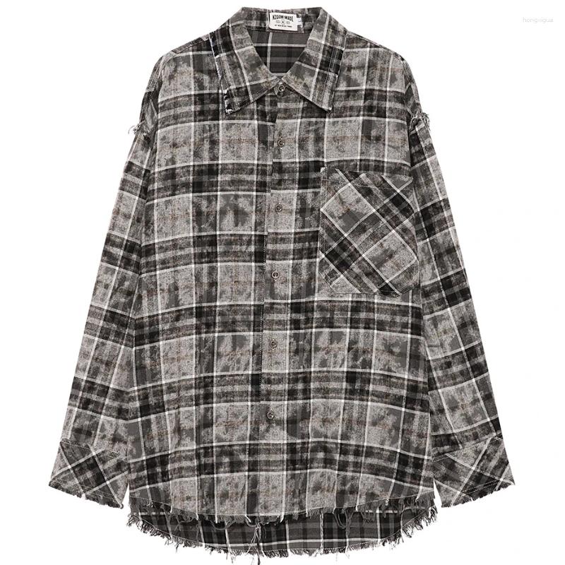 Men's Casual Shirts Hip Hop Streetwear Men Haruku Oversized Long Sleeve Plaid Distressed Tassed Loose Button Up Blouse