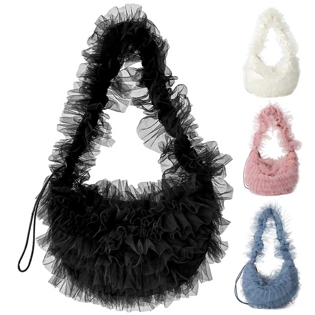 Women Lace Pleated Handbag Solid Color Ruched Tote Handbag Large Capacity Fashion Underarm Bag for Party Wedding