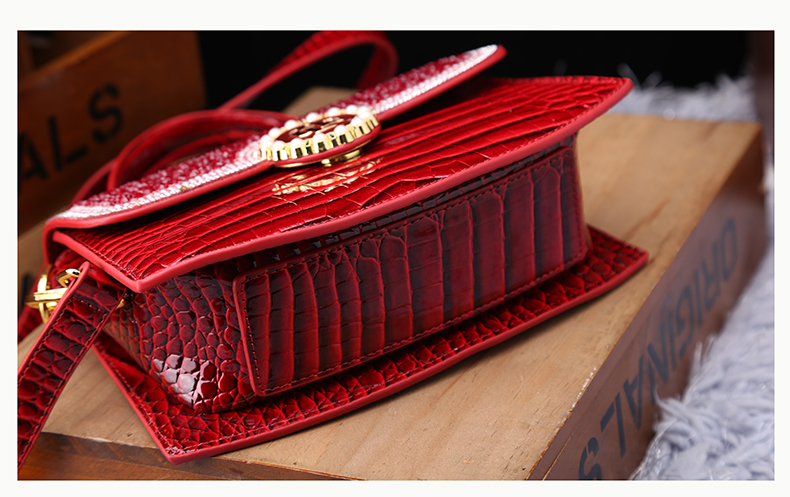 Fashion Dias Women's Hand-held Red Genuine Leather Women's Shoulder Crossbody Bag With Crocodile Pattern Portable Shell Handbag