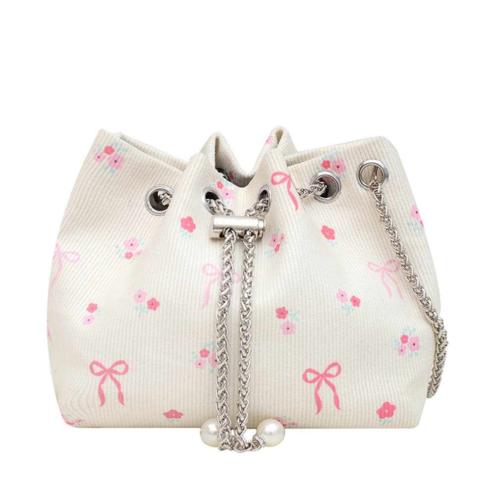 Women Corduroy Bucket Bag Bow Print Shoulder Bag with Chain Crossbody Bag Clutch Purse for Work Travel