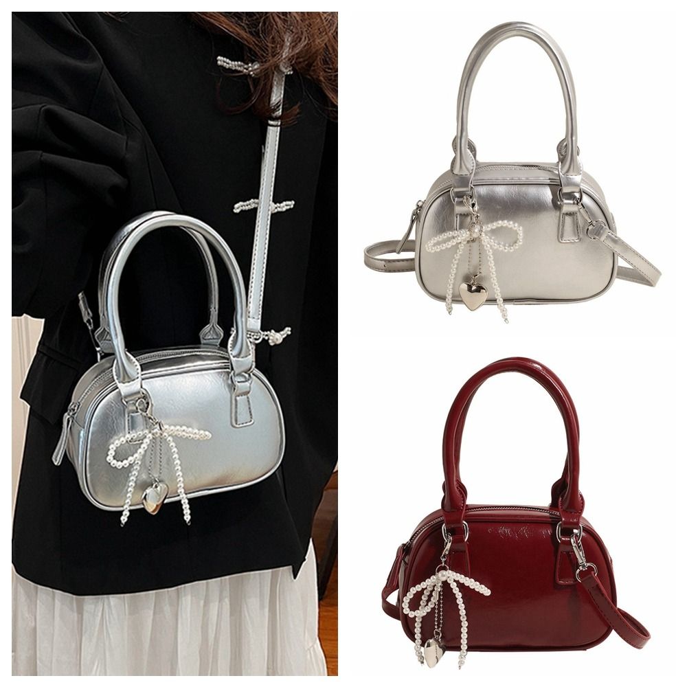 Fashion PU Leather PU Bowling Bag With Pendant Shoulder Bag Silver Handbag Large Capacity Solid Color Boston Bag Shopping