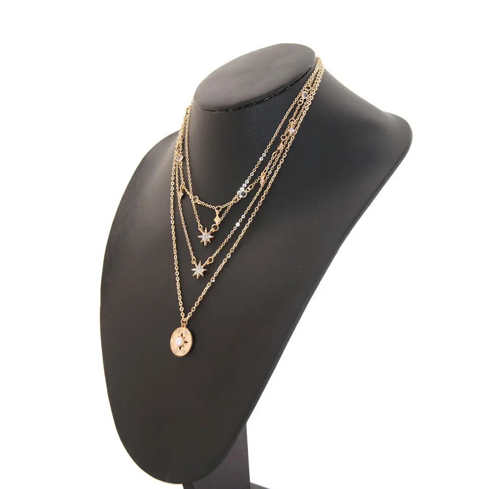 Cross Border New Full Diamond Star Necklace for Women Hot Selling Fashion Starry Flat Diamond Inlaid with Pearls Multi-layer Collarbone Chain