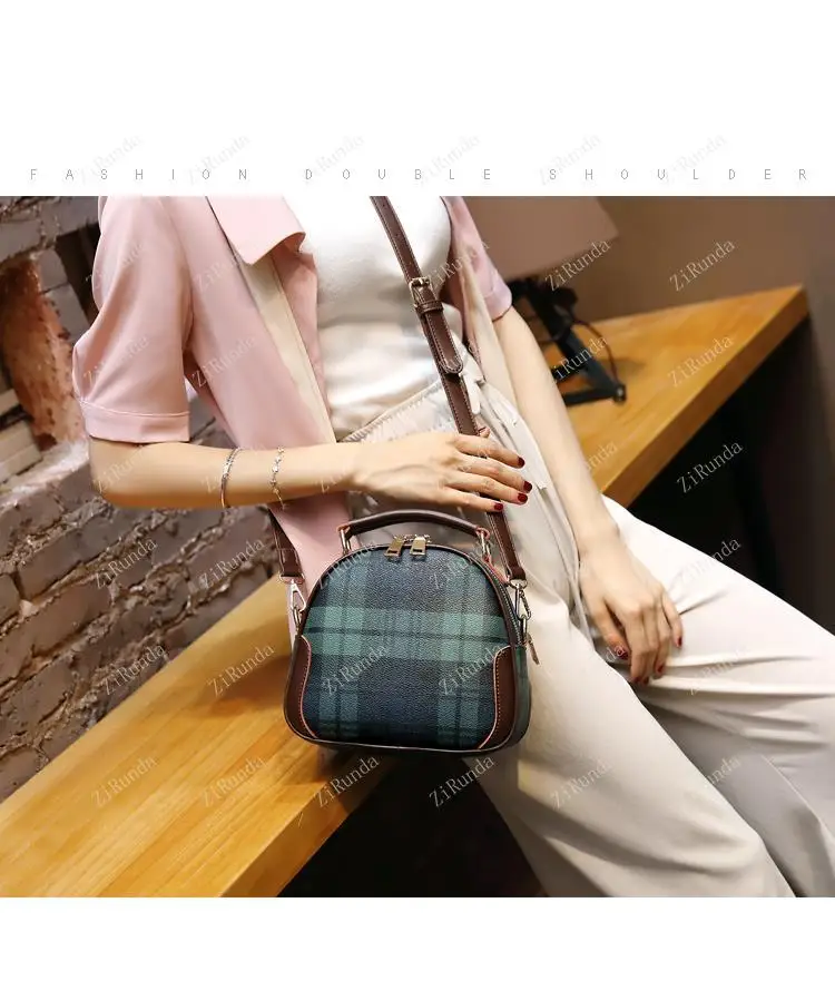 Leather bag women's new versatile fashion handbag plaid small round Korean shoulder messenger bag