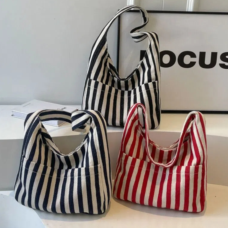 Fashion Retro Magnetic Snap Vertical Stripe Bag Tote Daily Canvas Shoulder Bag Commute Handbag Vintage Commute Handbag Girls