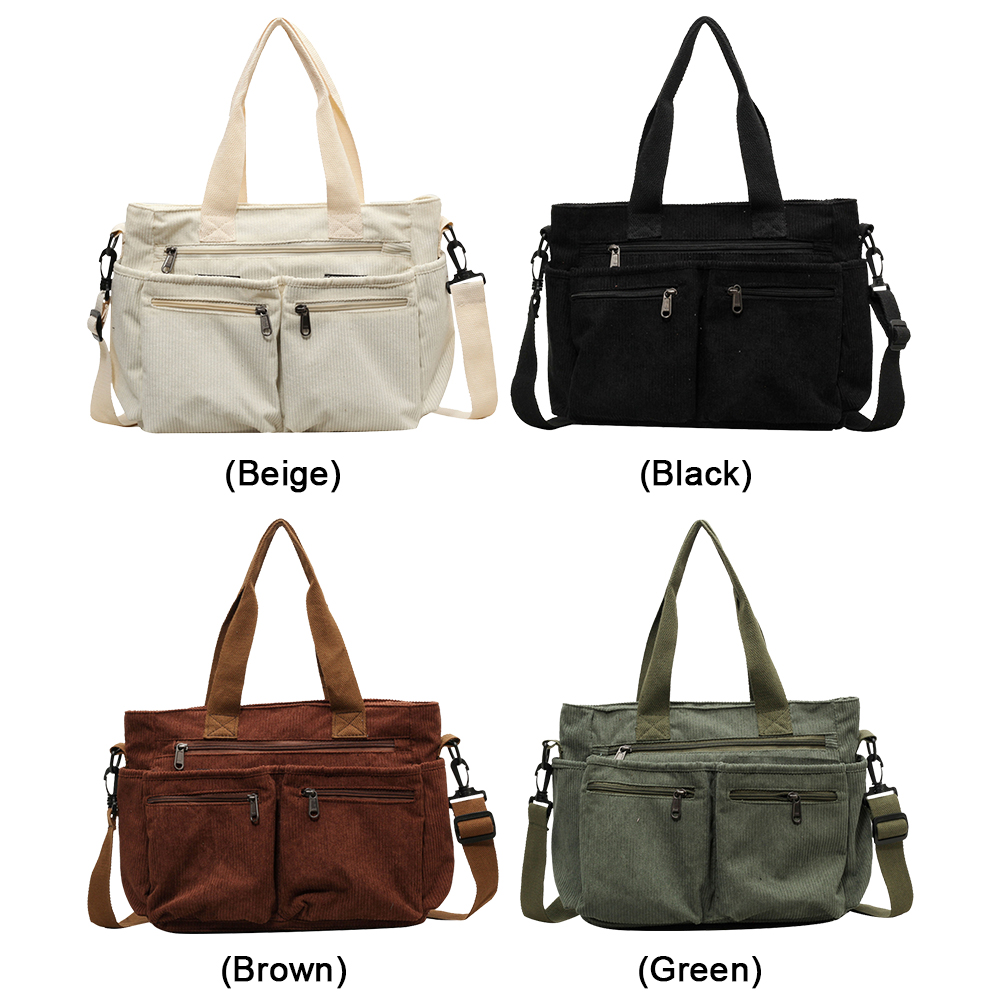 Large Capacity Shoulder Bag Women Corduroy Crossbody Bag with Multi Pockets Messenger Bag Zipper Commuting Bag