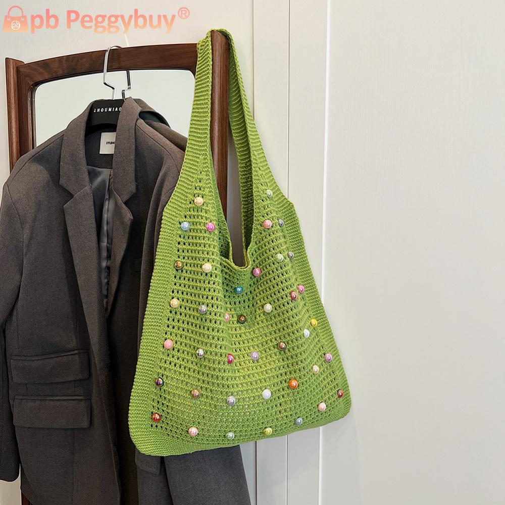 Women Crochet Shoulder Bag Knitted Tote Bag Large Capacity Fashion Tote Handbags with Colorful Pearls Outdoor Travel Bag