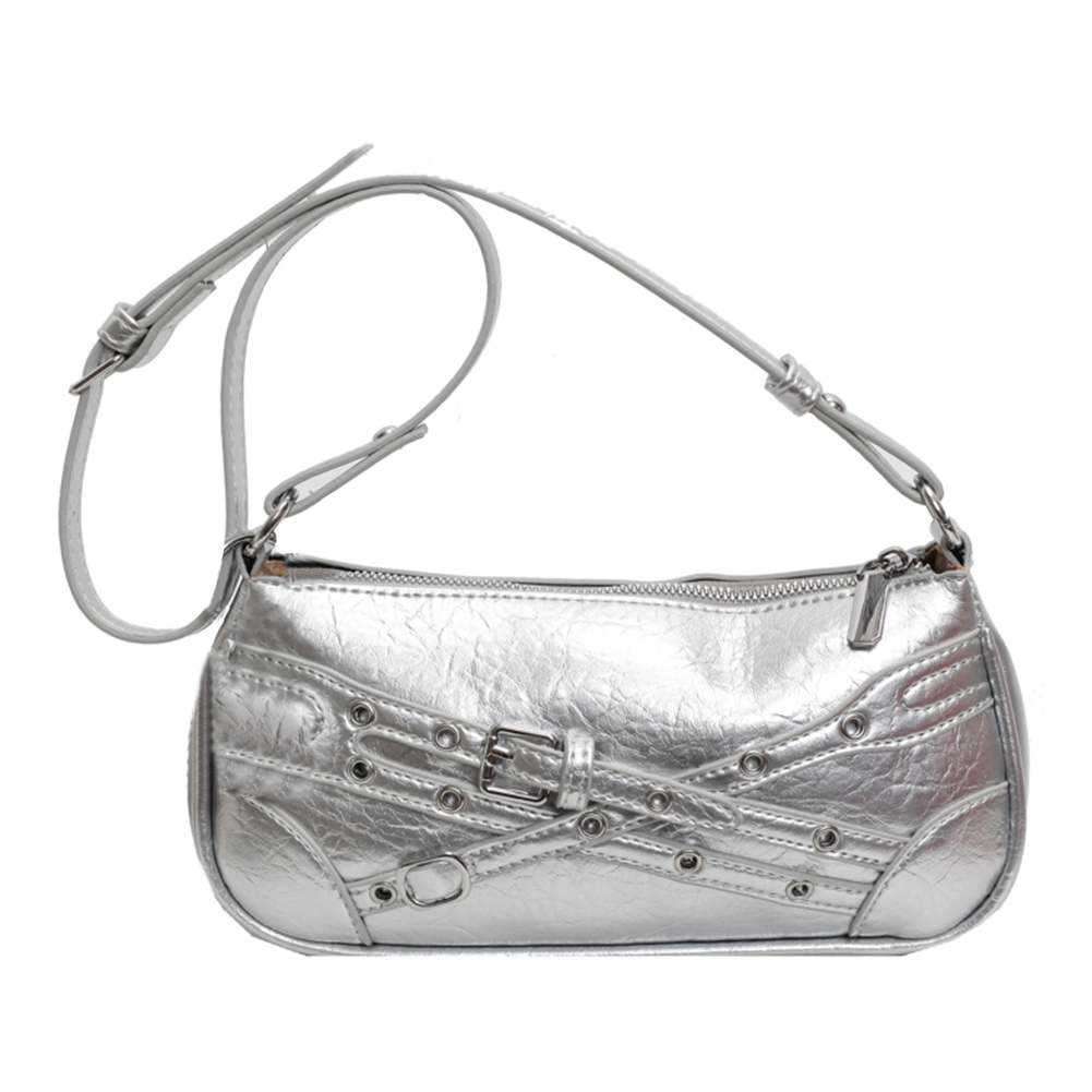 Women PU Fashion Shoulder Bag Adjustable Strap Cool Style Crescent Bag Zipper Closure Punk Style Hobo Bag Stylish Satchel Bag