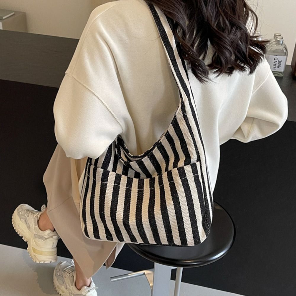 Fashion Retro Magnetic Snap Vertical Stripe Bag Tote Daily Canvas Shoulder Bag Commute Handbag Vintage Commute Handbag Girls