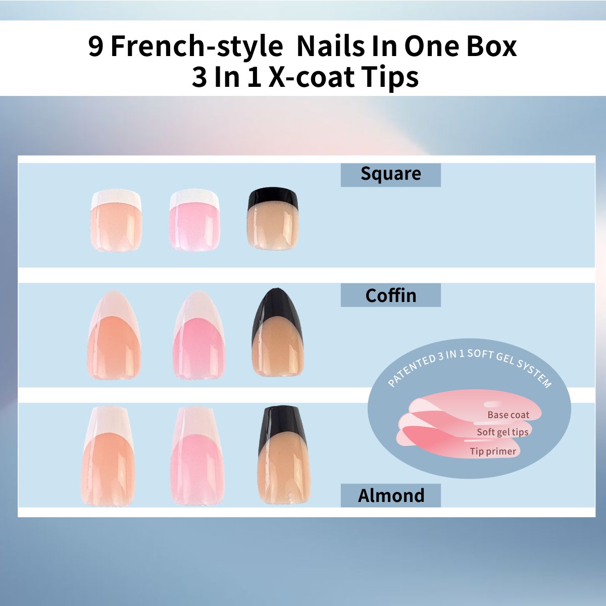 Sisful 270 Pieces B-Nail Frence Tip Press On Nails Kit with Jelly Glue Taps, Medium Coffin, Medium Almond, Short Square