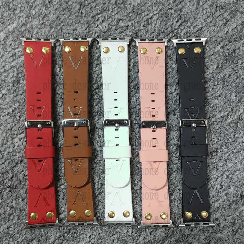 Designer Rivet Embossed Alphabet Straps Brown Flower Apple watch bands Buckle Leather for 38mm 40mm 41mm 42MM 44MM 45mm 49mm 6 7 8 9 Bracelet LEMB