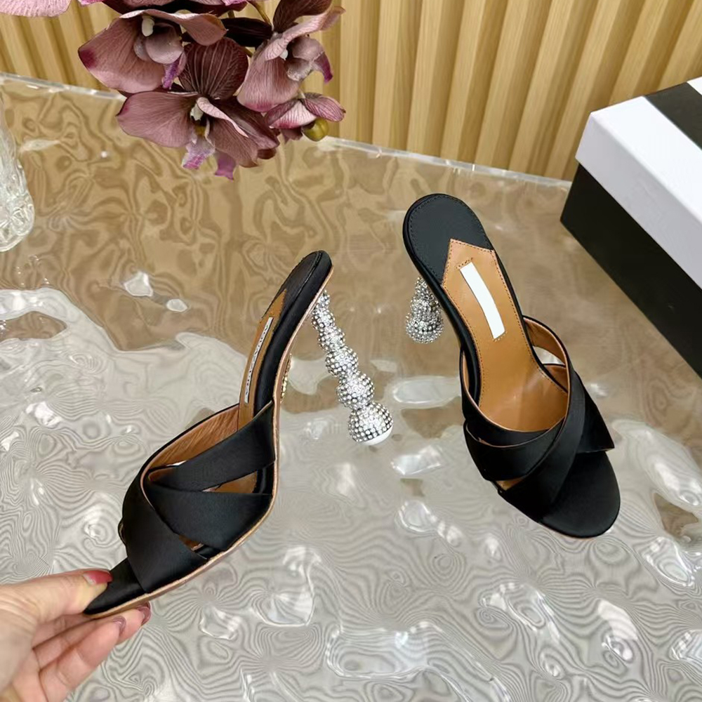 Rhinestone inlaid heel ladies slippers mules 105mm high-heeled shoes Genuine leather open toed sandals womens luxury designer slippers size (35-43)