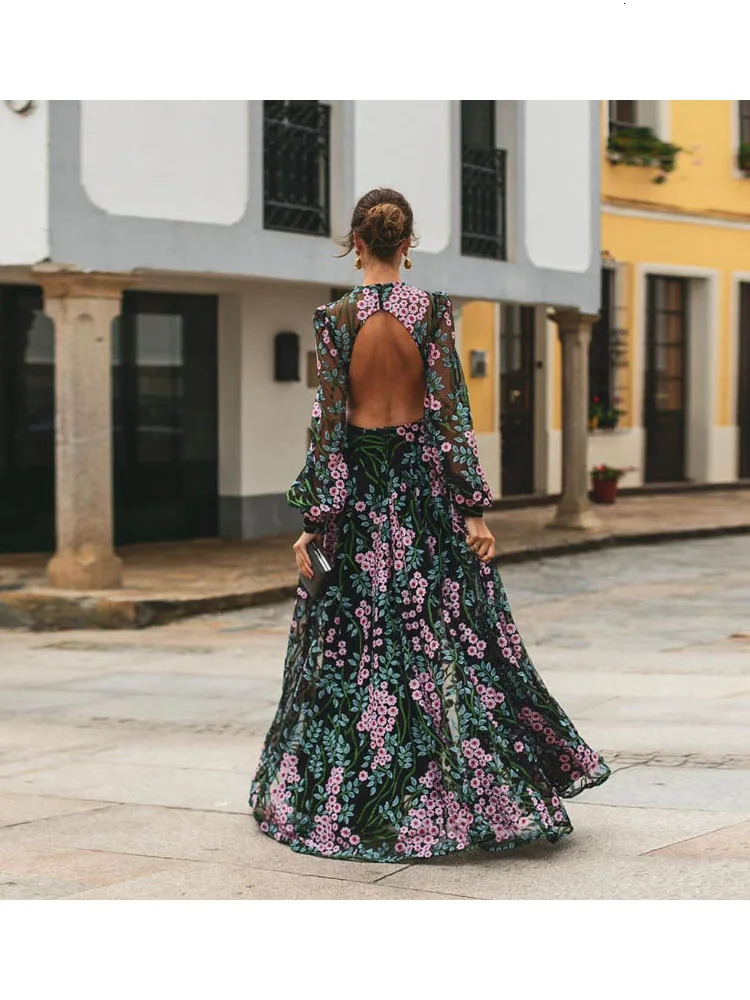 Sexy Backless Bohemian Print Dress Maxi Dress Womens Travel Holiday Backless Floor-length Dress Daisy-print Beach Party Dress 240319