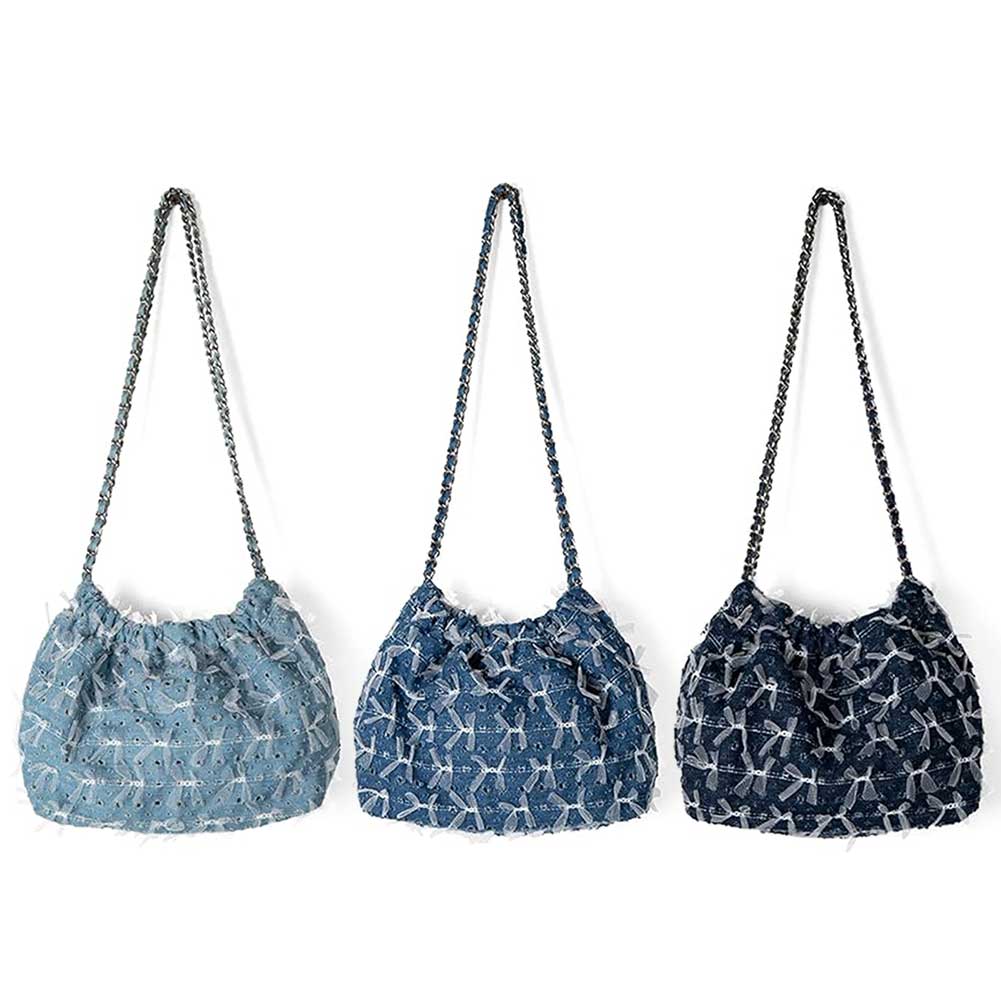 Women Denim Bucket Bag Pleated Crossbody Bag with Chain Shoulder Bag Hobo Bag for Work Travel