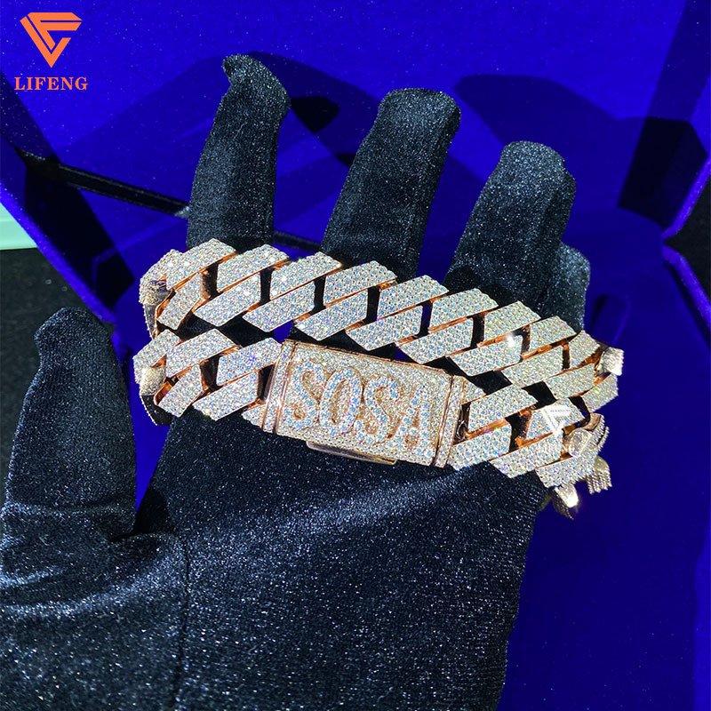 Rose Gold Plated Miami Cuban Chain Custom Name Sterg Sier With VVS Moissanite Charms Necklace And Bracelet Jewelry Set